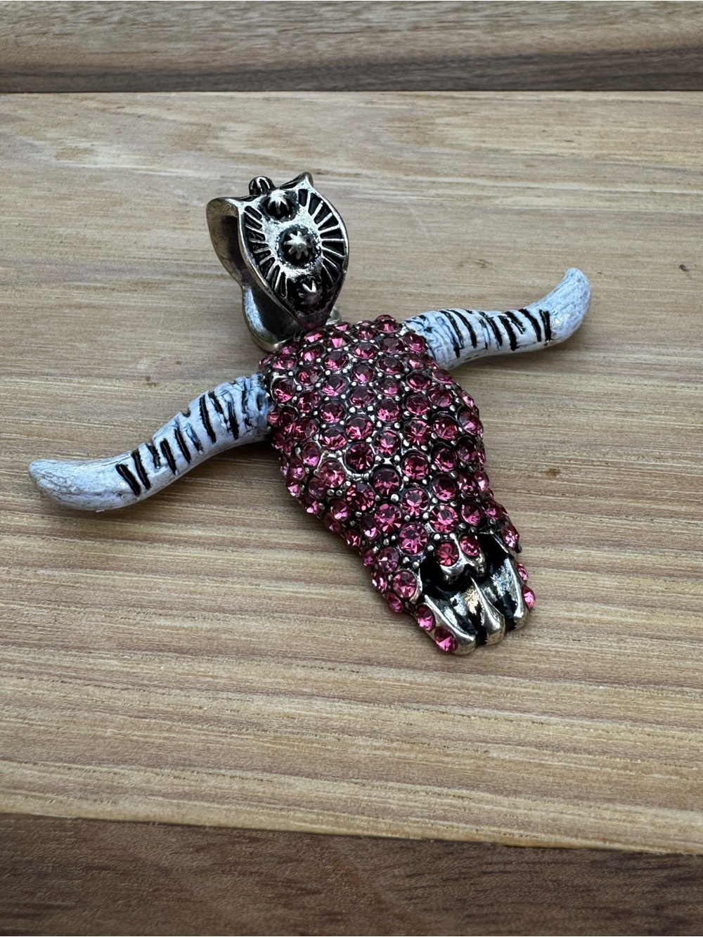 Longhorn Skull Pendant Necklace – 18” Chain – Pink Gemstone Western Jewelry